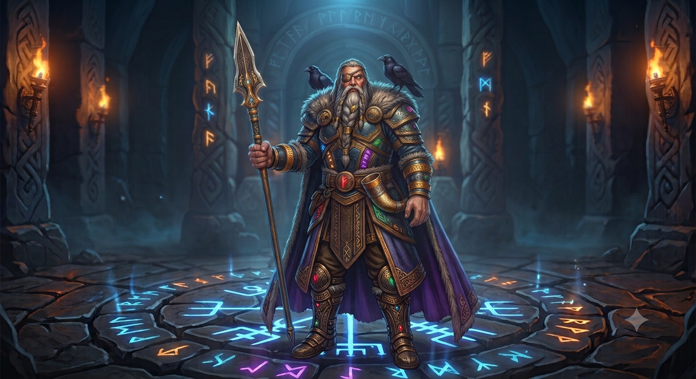 Nordic Gates key art: Odin the All-Father holding the spear Gungnir, flanked by two ravens amid glowing runes.